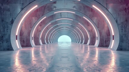 Wall Mural - Rendering of a futuristic modern sci-fi concrete hallway corridor tunnel warehouse underground garage grunge dark empty reflection showcase stage white blue glow spaceship.