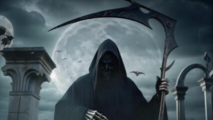 Wall Mural - grim reaper holding a scythe full moon 4k loop features an a.i. generated video of a skeletal grim r