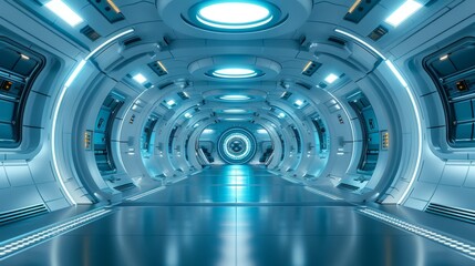 Wall Mural - An ultramodern hangar warehouse with a huge spaceship tunnel corridor, cemented asphalt, metal structures, and white glow led lights topped with a realistic dark cyber showroom