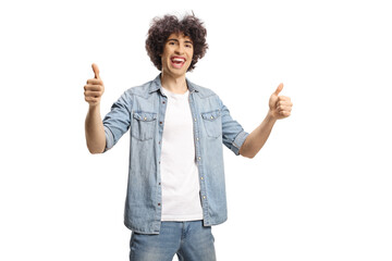 Sticker - Happy young man with curly hair gesturing thumbs up