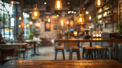 Leinwandbilder - Warm pendant lights illuminate a modern industrial cafe with wooden tables, high stools, and brick walls during the evening, The atmosphere is inviting and relaxed.