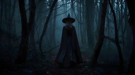 Abstract witch in a dark scary forest, Halloween concept, background wallpaper. Generative AI