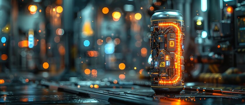 A 3D model of an energy drink can with a futuristic, sleek design and metallic finish. The can should be placed in a high-tech environment with advanced technology and glowing elements.