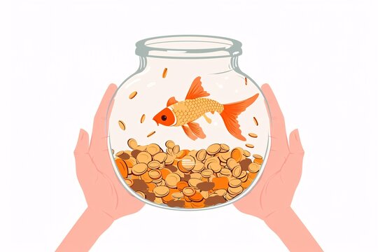 a goldfish in a bowl of coins