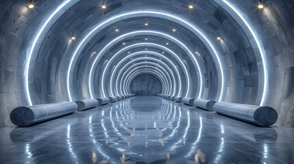 Wall Mural - 3D rendering of a Cyberpunk Clean Tunnel Corridor Industrial Futuristic Cement Grunge Concrete Glossy Dark Underground Parking Garage Hangar Warehouse Showroom Studio Spaceship