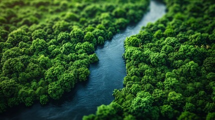 CG aerial view of Amazon jungle landscape with river bend.
