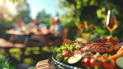 Barbecue Picnic on Blurred Background Friends BBQ Party Outdoors Grilled Meat and Vegetables Closeup Barbecue Grill with Food Selective Focus Generative AI Illustration