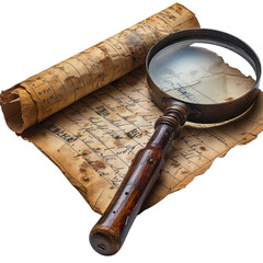 An antique magnifying glass rests on a rolled-up, aged document, suggesting a search for knowledge or secrets. isolated on White background.