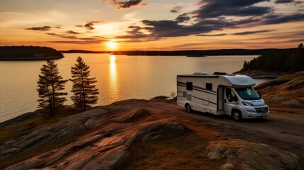 Picturesque camper parked by the tranquil sea under the mesmerizing colors of the setting sun