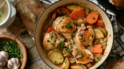 Poster - Chicken stew with vegetables in a pot. Overhead shot of homemade comfort food