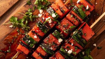 Poster - Grilled Watermelon-Feta Skewers Grilled watermelon skewers with herbs and cheese on a barbecue grill