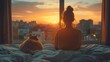 © eric.rodriguez - young girl in the living room of her apartment sitting in front of the window looking at the landscape with cat lying comfortably near her, the atmosphere of the sunset in a cozy home environment