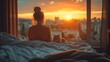 © eric.rodriguez - young girl in the living room of her apartment sitting in front of the window looking at the landscape with cat lying comfortably near her, the atmosphere of the sunset in a cozy home environment