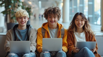 Wall Mural - Three young people are sitting on a bench with their laptops open, smiling