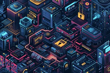 intricate isometric doodle depicting cyber security protection, showcasing various elements such as 