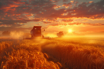 Wall Mural - A serene image of farmers harvesting crops in a field, with a backdrop of a rural landscape and a setting sun, 3D render