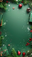Wall Mural - Green colored Christmas & New Year background with beautiful decorations, gift boxes, toys, snow, Christmas tree and blank space for text