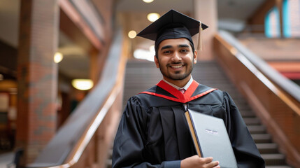 young indian student in graduation gowns holding diploma in hand