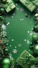 Wall Mural - Green colored Christmas & New Year background with beautiful decorations, gift boxes, toys, snow, confetti, Christmas tree and blank space for text