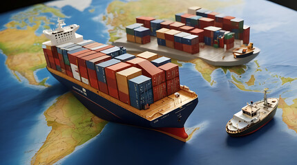 A concept image of a container ship model placed on a world map demonstrating transcontinental globalization with copy space
