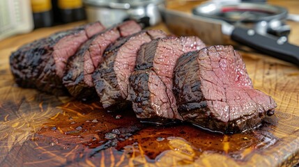 Canvas Print - Grilled beef eye of round taken off the heat to rest ready to be sliced with a thermometer measuring at 128 degrees Fahrenheit