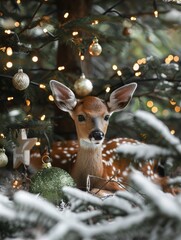 Wall Mural - Green toned Christmas & New Year banner with beautiful decorations, baby deer under Christmas tree in forest, blank space for text, magical atmosphere