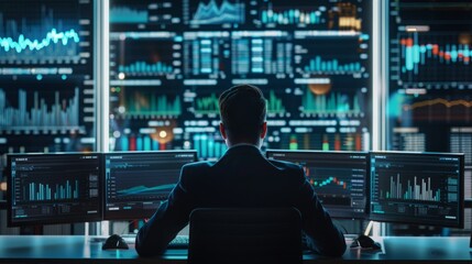 Wall Mural - A man is seated at a desk in front of three computer monitors, focused on his work.