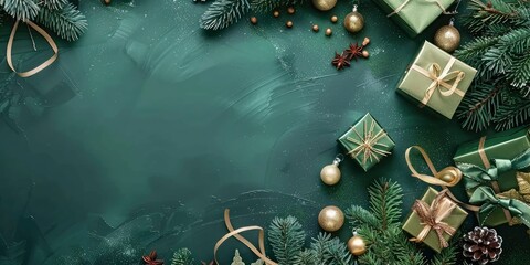 Wall Mural - Green toned Christmas & New Year banner with beautiful decorations, gifts, Christmas tree in forest and blank space for text, magical atmosphere
