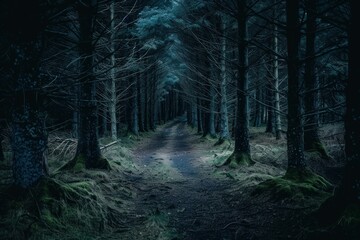 Canvas Print - Serene and mystical moonlit forest path surrounded by enchanting trees in the tranquil and eerie night atmosphere