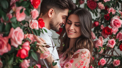 Wall Mural - young indian couple with rose flowers