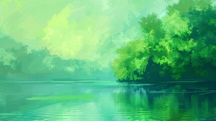 Wall Mural - Abstract digital painting of a peaceful waterside scene with lush green foliage