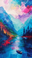 Wall Mural - Vibrant landscape painting with boat on lake