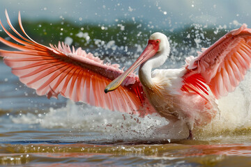 Sticker - AI generated illustration of a pink pelican with wings extended, gliding gracefully on water