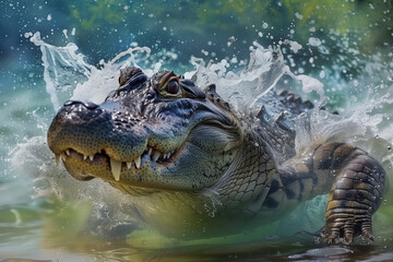 Poster - AI generated illustration of an alligator in water getting sprayed by air