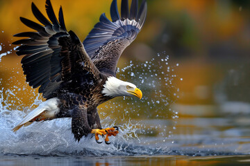 Poster - AI generated illustration of a bald eagle launches from water with a fish in its talons