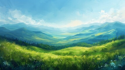 Wall Mural - Lush digital painting of a tranquil valley with rolling hills and a clear sky