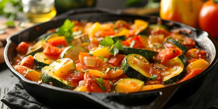 Vegetable ratatouille in cast iron pan on rustic kitchen table. Concept Ratatouille dish, Vegetarian cooking, Cast iron cookware, Rustic kitchen decor, Healthy meal prep