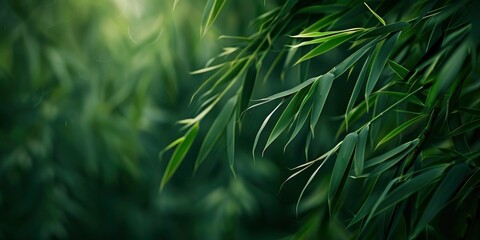 closeup of bamboo leaves swaying in the breeze on dark green blur background