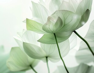 Wall Mural - closeup of lotus leaves with light green and white colors against a white background