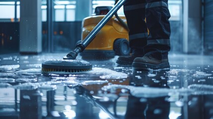 close up worker washing office floor with cleaning machine. working in hotel. Clean hotel, office, hospital