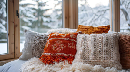 Wall Mural - Knitted cushions for a cozy winter retreat.
