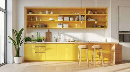 Yellow cabinet kitchen interior with kitchen utensils