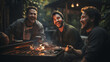 © Awais - A group of four friends are having a barbecue in the woods. They are laughing and talking and one of them is holding a drink.