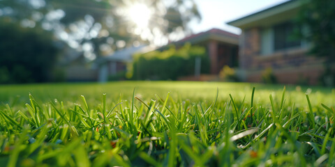 Close up of green grass garden with new modern property house for sale in the blurry background, real estate background.