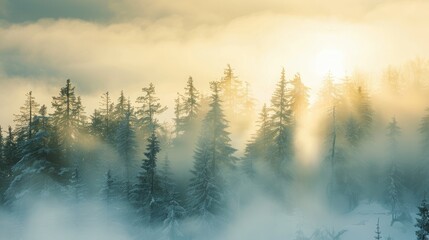 Wall Mural - Pine trees under sunny winter sky on a foggy day