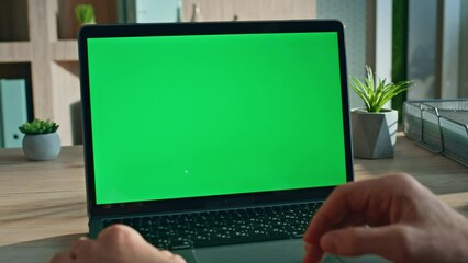Wall Mural - Ceo reading email green screen laptop in modern corporate office close up.