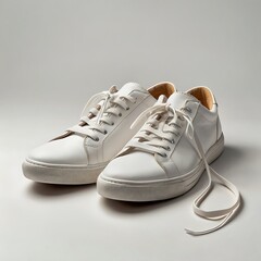 Wall Mural - pair of white sneakers with the laces untied on a white background.