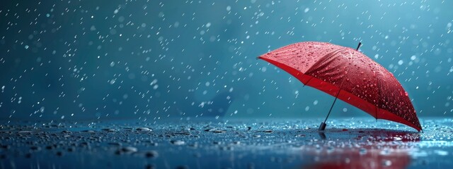 red umbrella with drops of rain on blue background. weather forecast, accessorize, weather app concept.