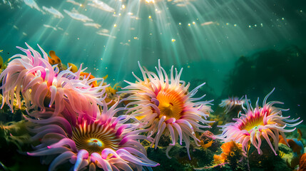 Canvas Print - A colorful sea of sea anemones with a bright sun shining on them