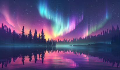 The Northern Lights in the Night Forest